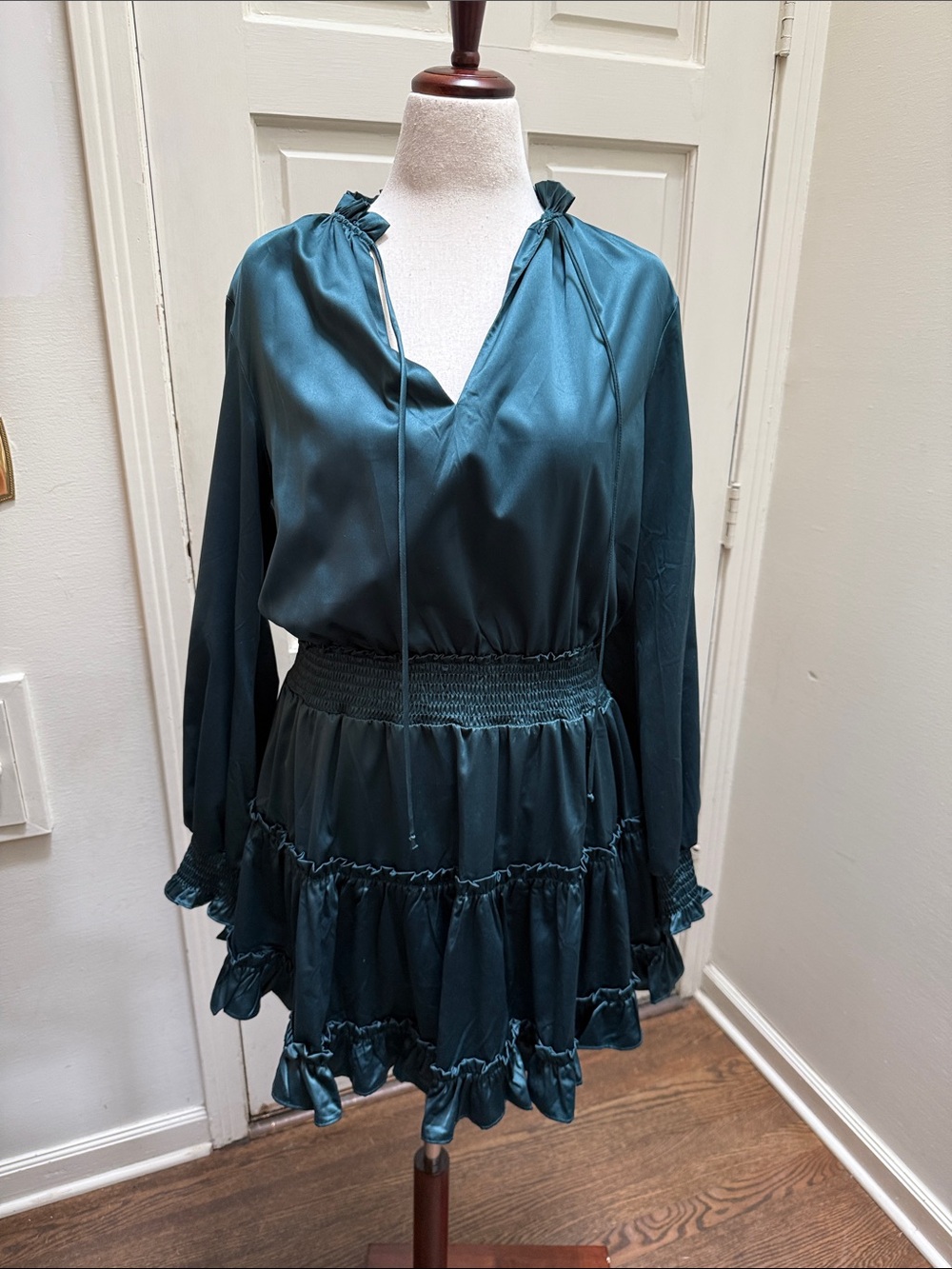 Teal Satin Long Sleeve Ruffle Mini Dress never worn